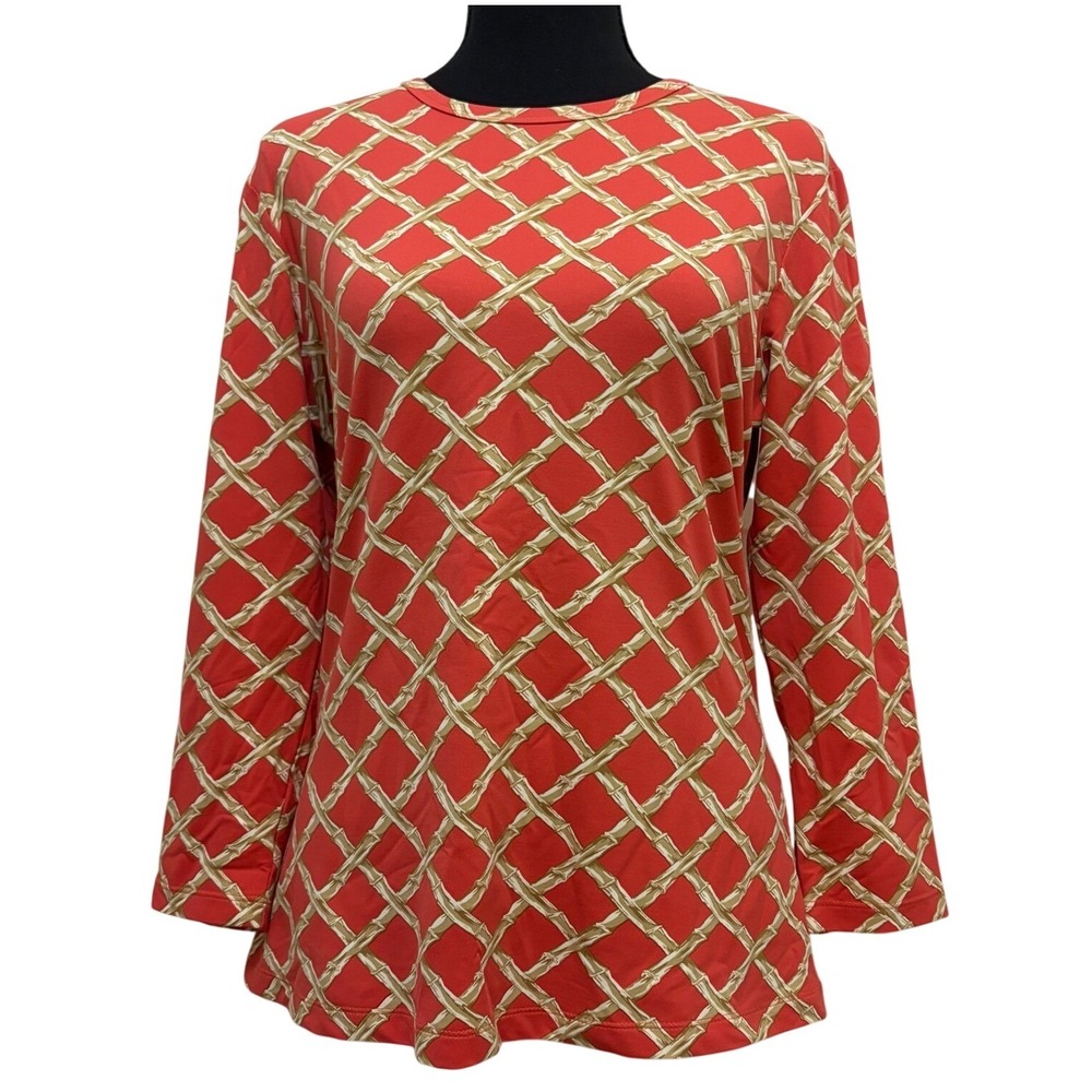 J.McLaughlin Catalina Clothโ Bamboo Lattice Print Top M 3/4 Sleeve Coral Resort